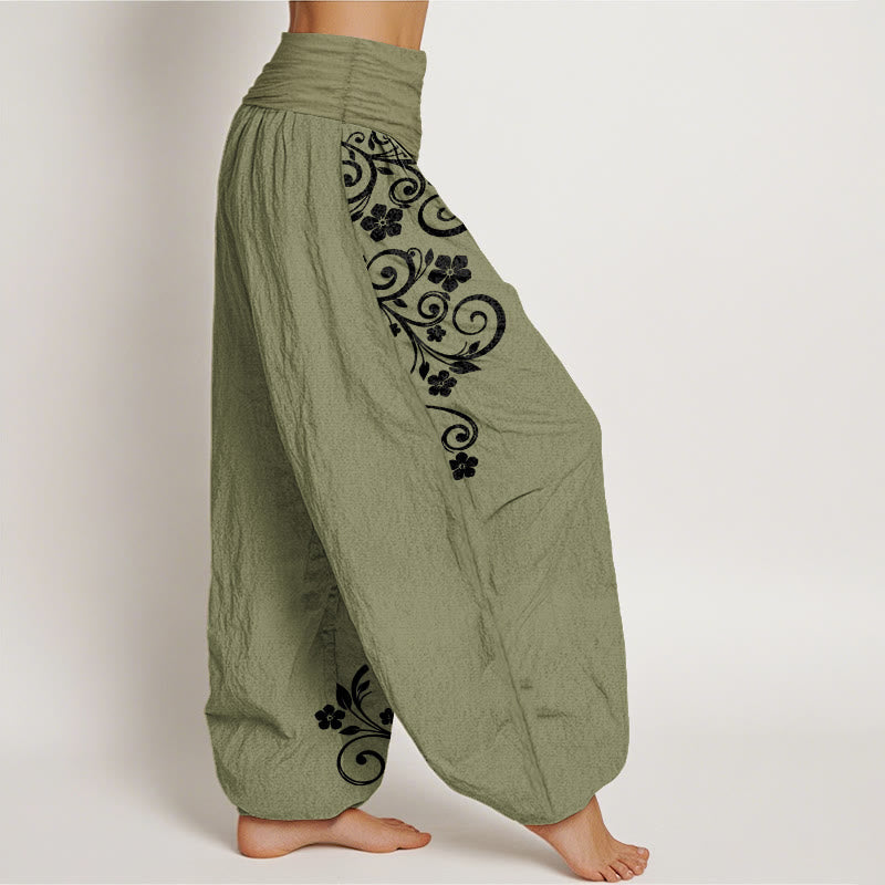 Nimara Ritual Pure Cotton Elegant Vine Flower Pattern Women's Elastic Waist Harem Pants