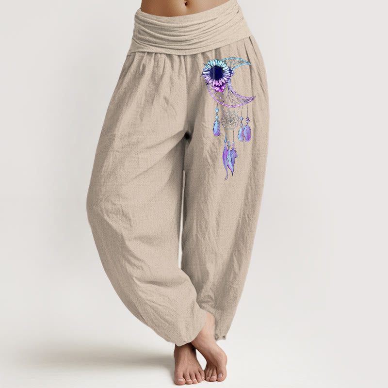 Nimara Ritual Pure Cotton Elegant Moon Flower Feather Pattern Women's Elastic Waist Harem Pants