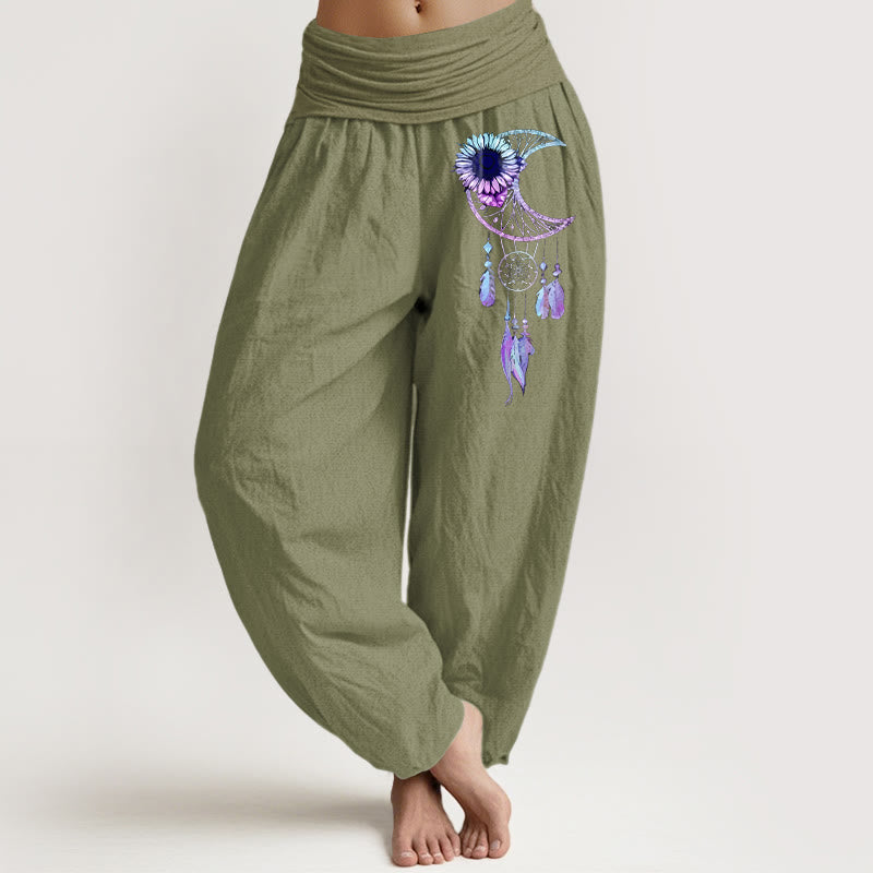 Nimara Ritual Pure Cotton Elegant Moon Flower Feather Pattern Women's Elastic Waist Harem Pants