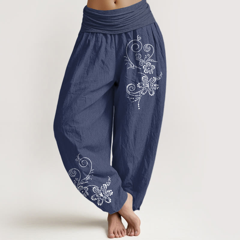 Nimara Ritual Pure Cotton Composed Of Dots Vine Flower Pattern Women's Elastic Waist Harem Pants