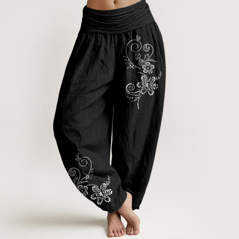 Nimara Ritual Pure Cotton Composed Of Dots Vine Flower Pattern Women's Elastic Waist Harem Pants