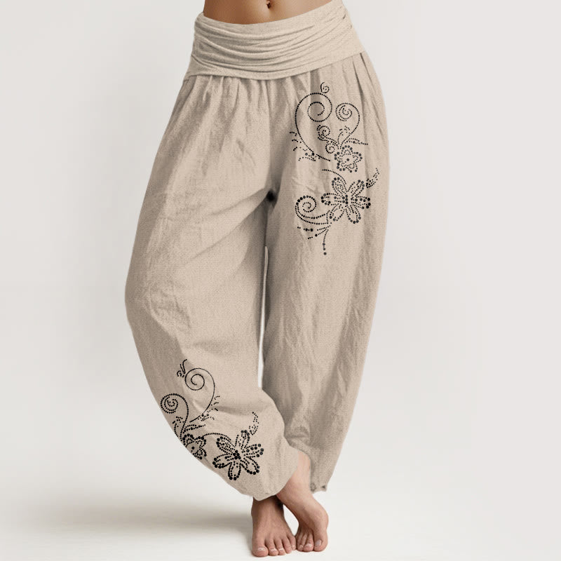 Nimara Ritual Pure Cotton Composed Of Dots Vine Flower Pattern Women's Elastic Waist Harem Pants