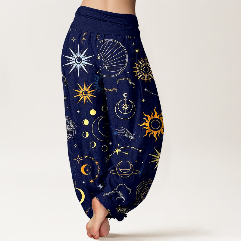 Nimara Ritual Cotton Moon Sun Cloud Star Constellation Pattern Women's Elastic Waist Harem Pants