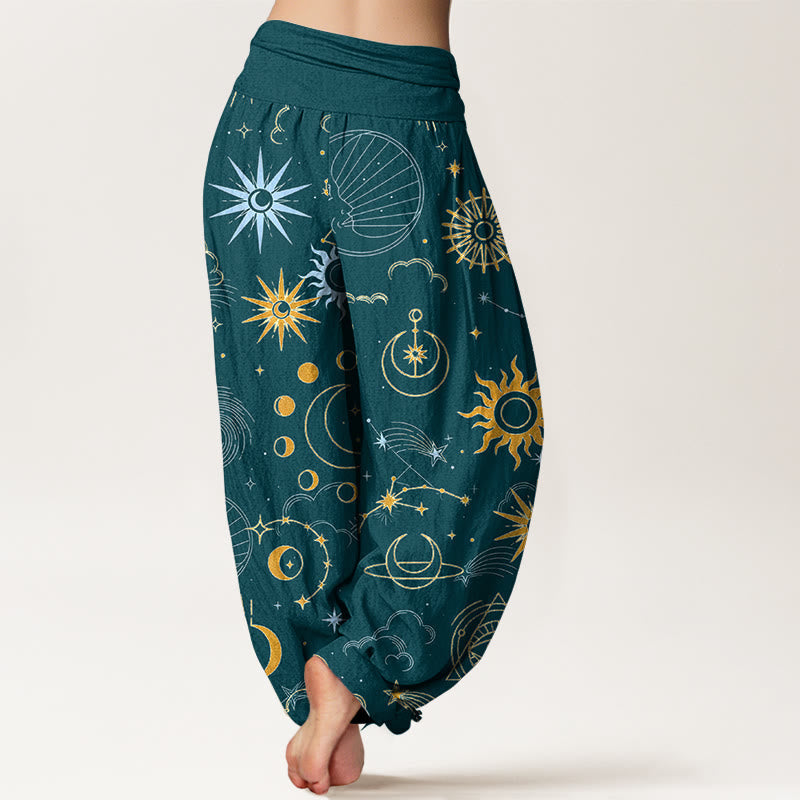 Nimara Ritual Cotton Moon Sun Cloud Star Constellation Pattern Women's Elastic Waist Harem Pants