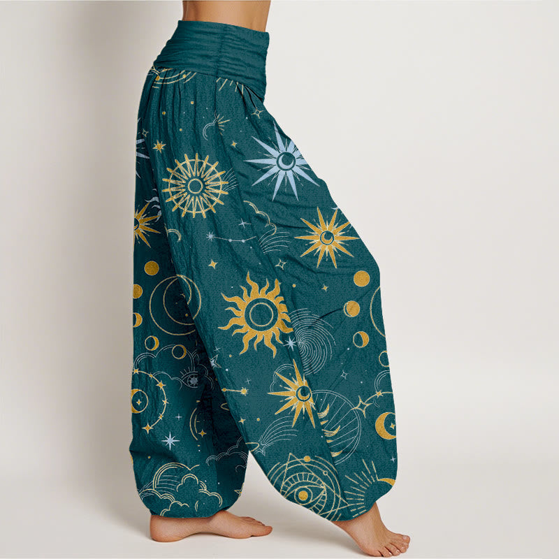 Nimara Ritual Cotton Moon Sun Cloud Star Constellation Pattern Women's Elastic Waist Harem Pants