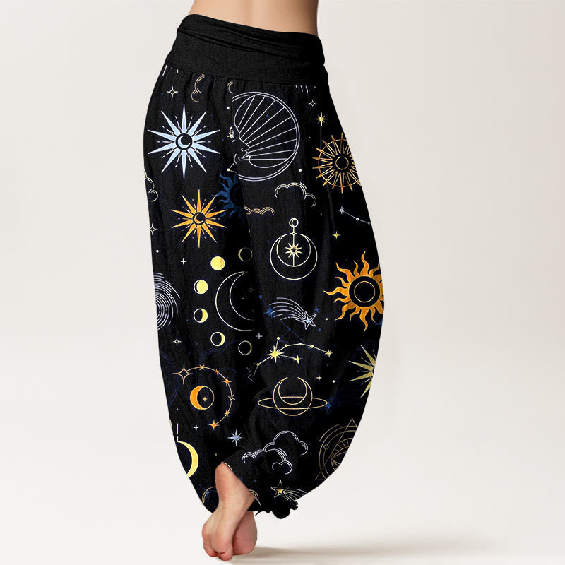 Nimara Ritual Cotton Moon Sun Cloud Star Constellation Pattern Women's Elastic Waist Harem Pants