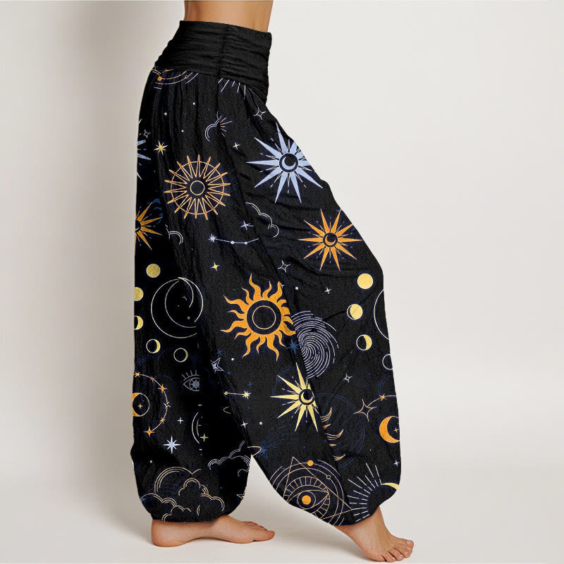 Nimara Ritual Cotton Moon Sun Cloud Star Constellation Pattern Women's Elastic Waist Harem Pants