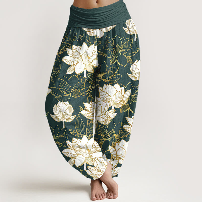 Nimara Ritual Cotton Elegant Refined Lotus Flower Pattern Women's Elastic Waist Harem Pants