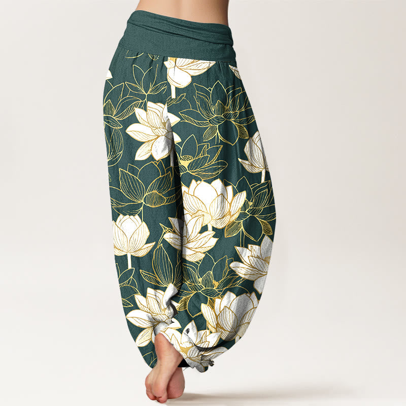 Nimara Ritual Cotton Elegant Refined Lotus Flower Pattern Women's Elastic Waist Harem Pants