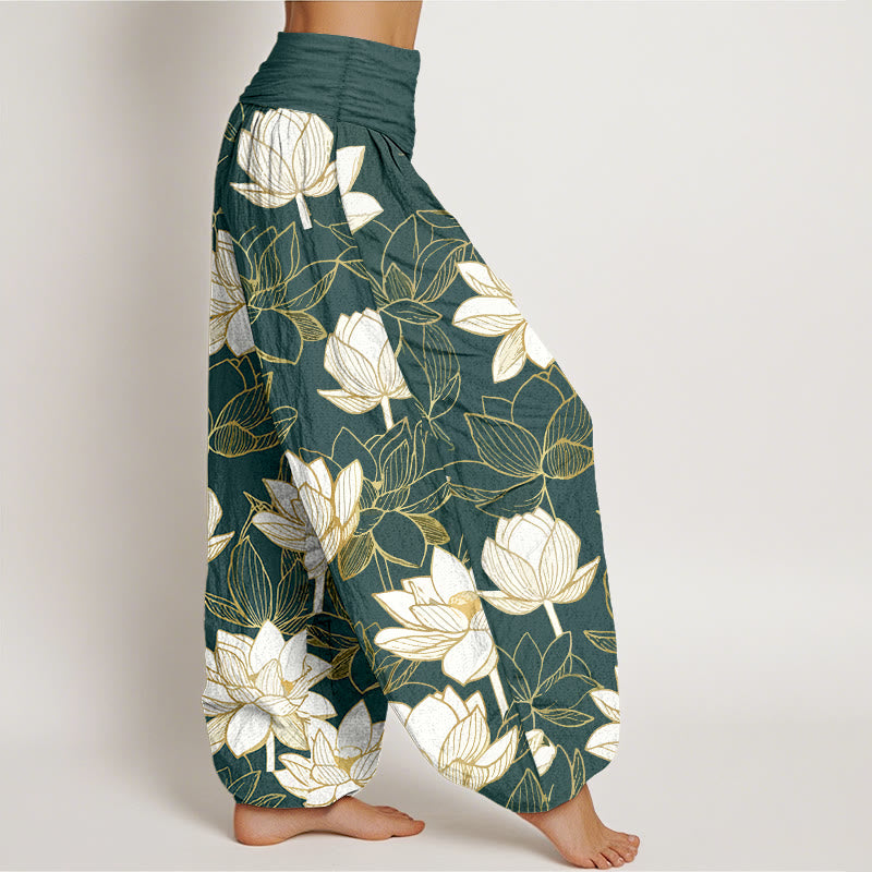 Nimara Ritual Cotton Elegant Refined Lotus Flower Pattern Women's Elastic Waist Harem Pants