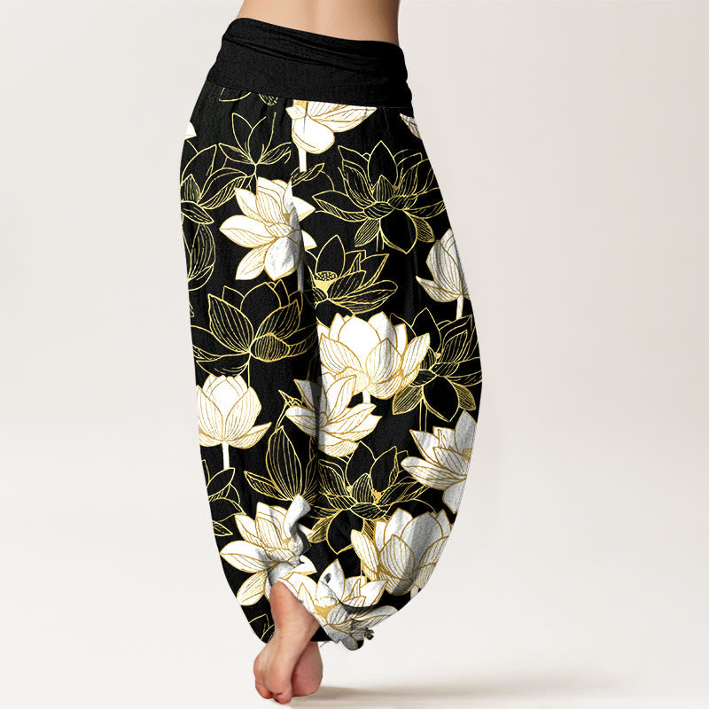 Nimara Ritual Cotton Elegant Refined Lotus Flower Pattern Women's Elastic Waist Harem Pants