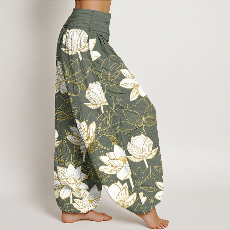 Nimara Ritual Cotton Elegant Refined Lotus Flower Pattern Women's Elastic Waist Harem Pants