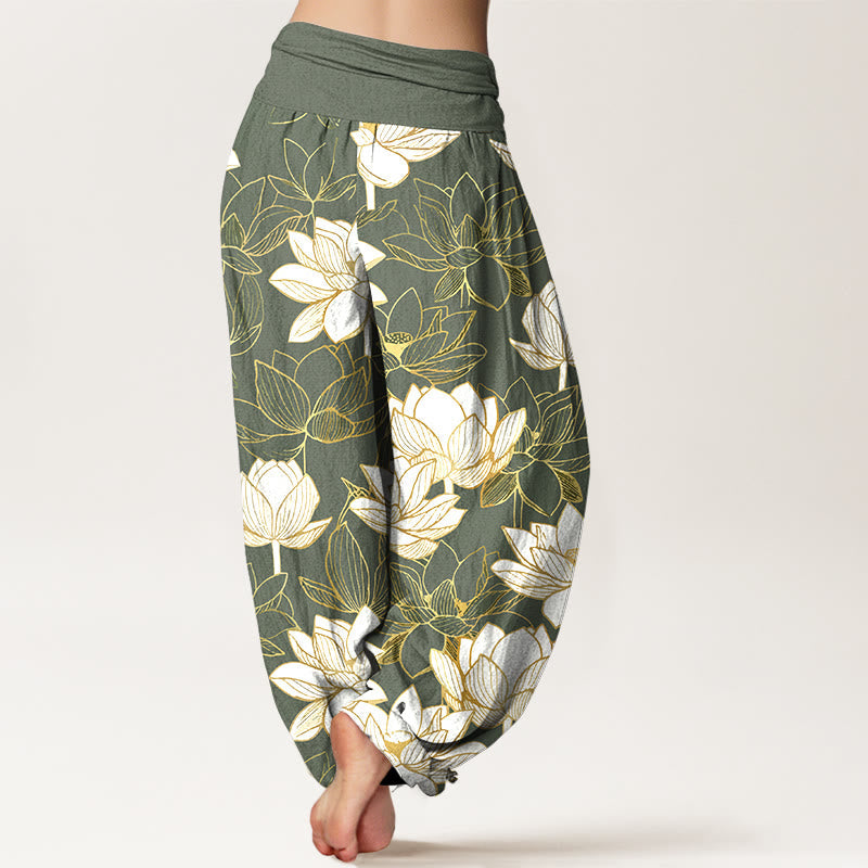 Nimara Ritual Cotton Elegant Refined Lotus Flower Pattern Women's Elastic Waist Harem Pants