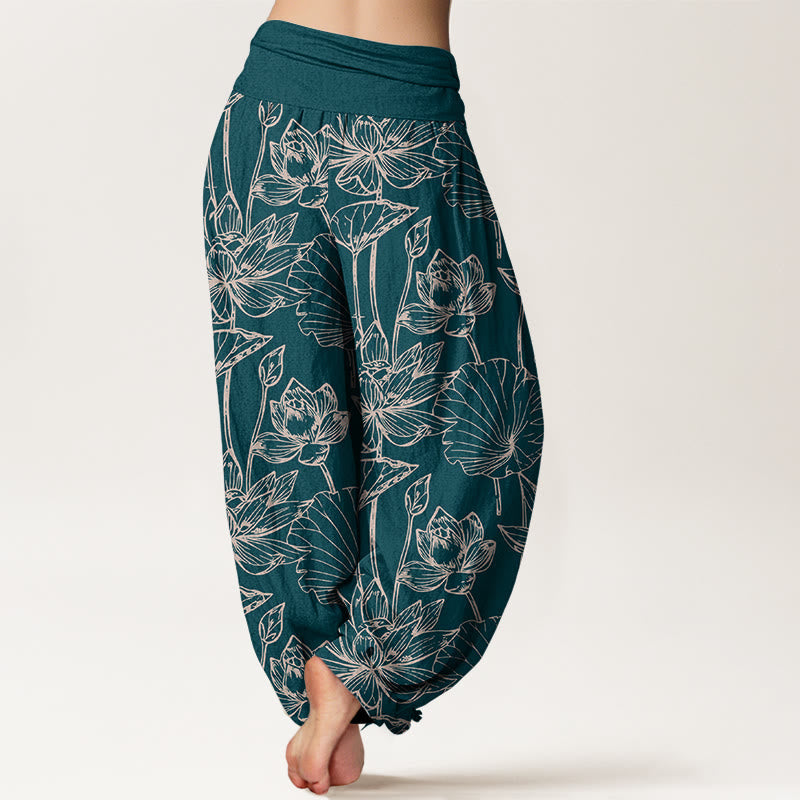 Nimara Ritual Cotton Elegant Refined Lotus Flower Leaf Pattern Women's Elastic Waist Harem Pants