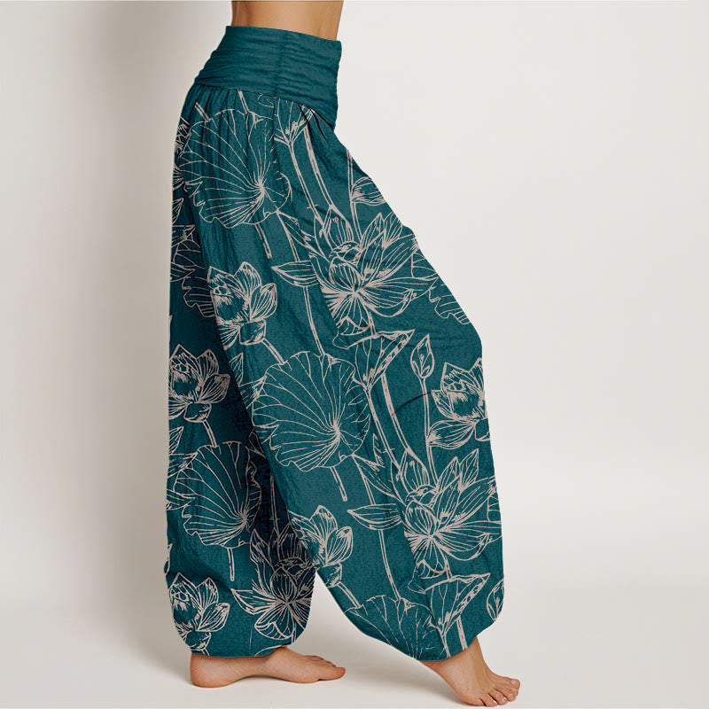 Nimara Ritual Cotton Elegant Refined Lotus Flower Leaf Pattern Women's Elastic Waist Harem Pants