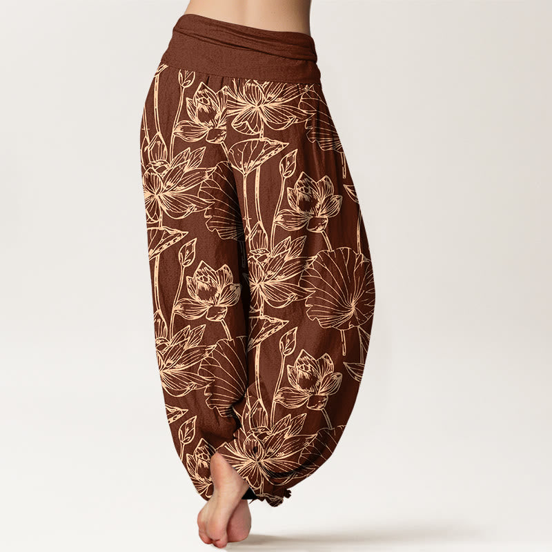 Nimara Ritual Cotton Elegant Refined Lotus Flower Leaf Pattern Women's Elastic Waist Harem Pants