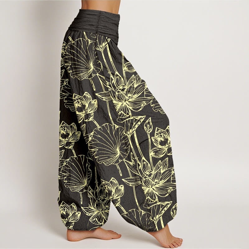 Nimara Ritual Cotton Elegant Refined Lotus Flower Leaf Pattern Women's Elastic Waist Harem Pants