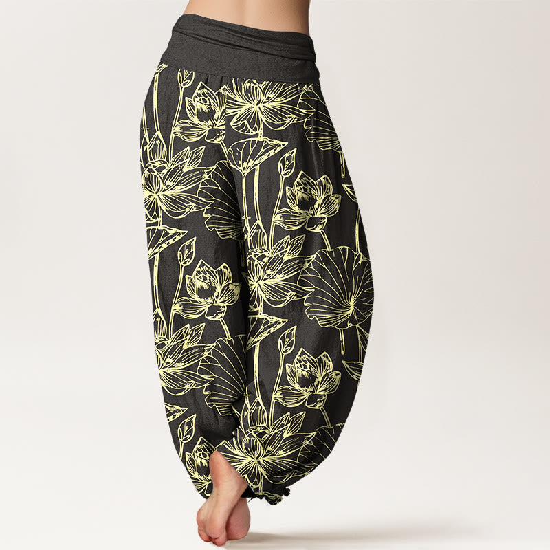 Nimara Ritual Cotton Elegant Refined Lotus Flower Leaf Pattern Women's Elastic Waist Harem Pants