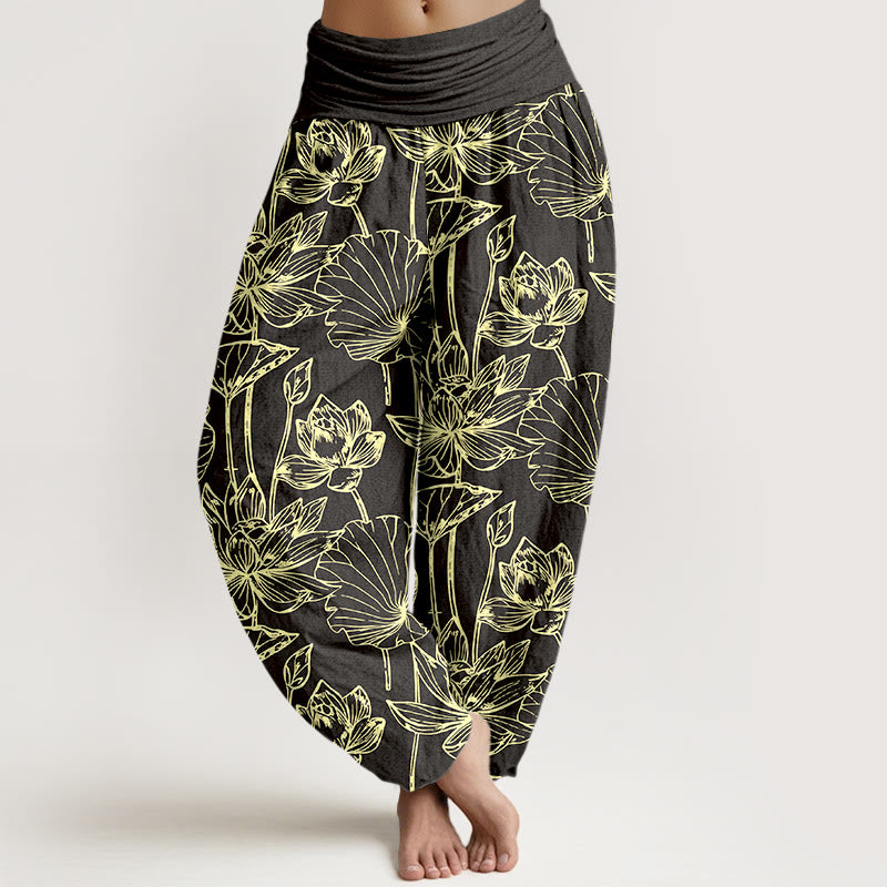 Nimara Ritual Cotton Elegant Refined Lotus Flower Leaf Pattern Women's Elastic Waist Harem Pants