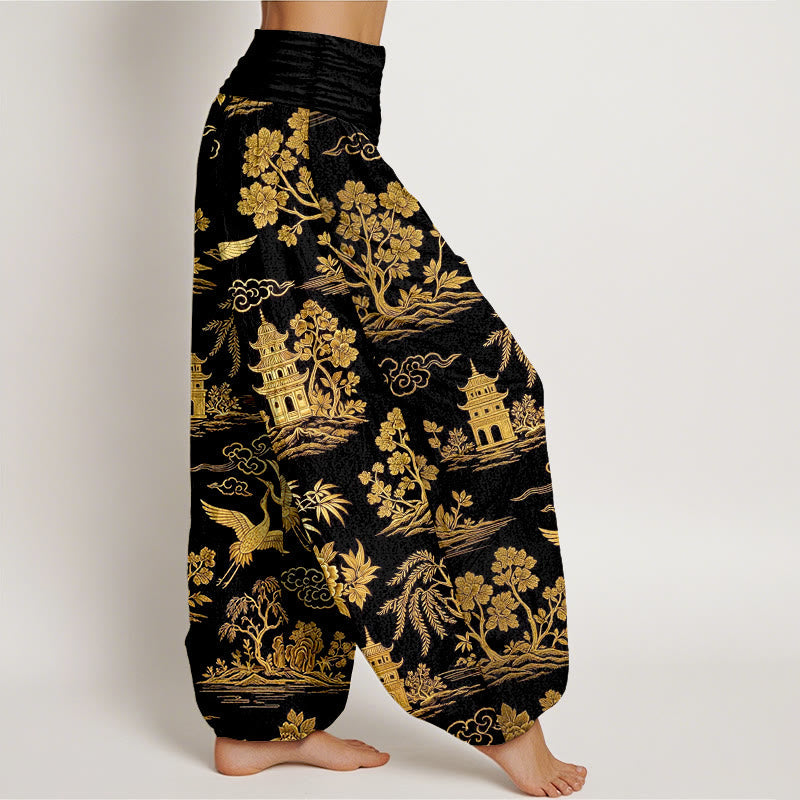 Nimara Ritual Cotton Gorgeous Tree Crane Architecture Cloud Peony Pattern Women's Elastic Waist Harem Pants