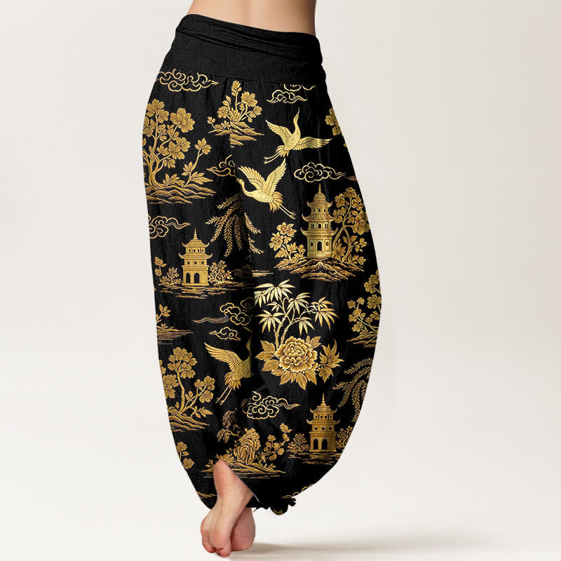 Nimara Ritual Cotton Gorgeous Tree Crane Architecture Cloud Peony Pattern Women's Elastic Waist Harem Pants