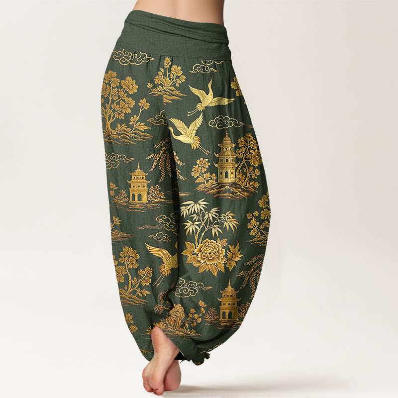 Nimara Ritual Cotton Gorgeous Tree Crane Architecture Cloud Peony Pattern Women's Elastic Waist Harem Pants