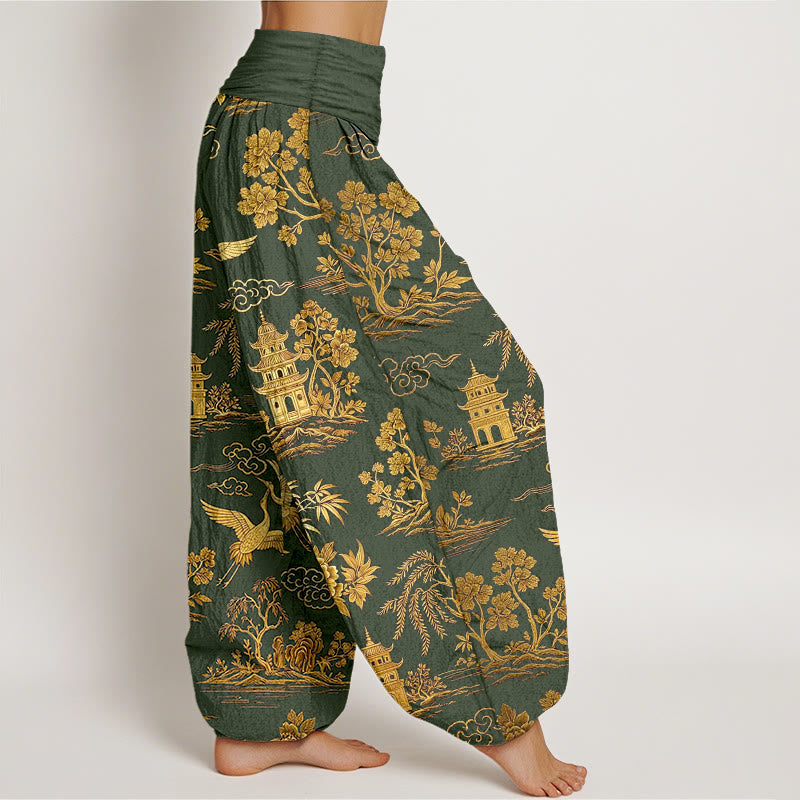 Nimara Ritual Cotton Gorgeous Tree Crane Architecture Cloud Peony Pattern Women's Elastic Waist Harem Pants