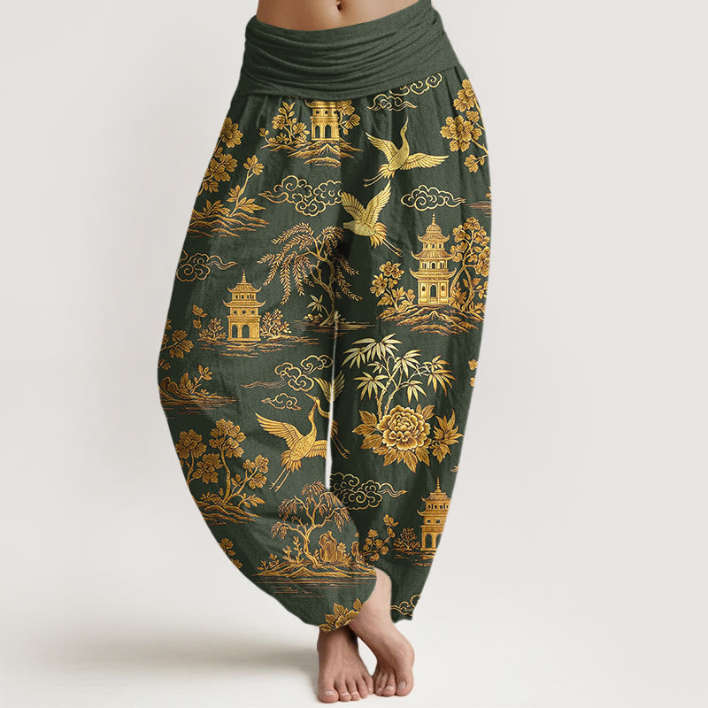 Nimara Ritual Cotton Gorgeous Tree Crane Architecture Cloud Peony Pattern Women's Elastic Waist Harem Pants