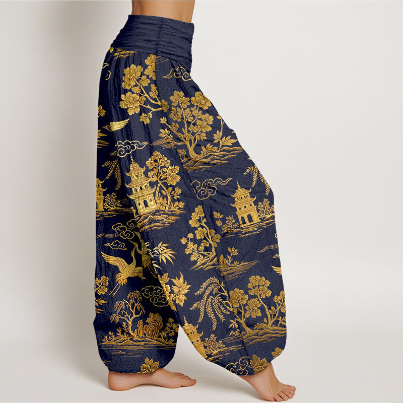 Nimara Ritual Cotton Gorgeous Tree Crane Architecture Cloud Peony Pattern Women's Elastic Waist Harem Pants