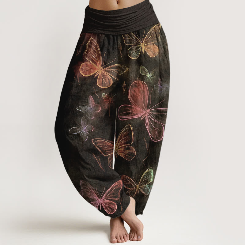 Nimara Ritual Cotton Dreamlike Butterfly Pattern Women's Elastic Waist Harem Pants
