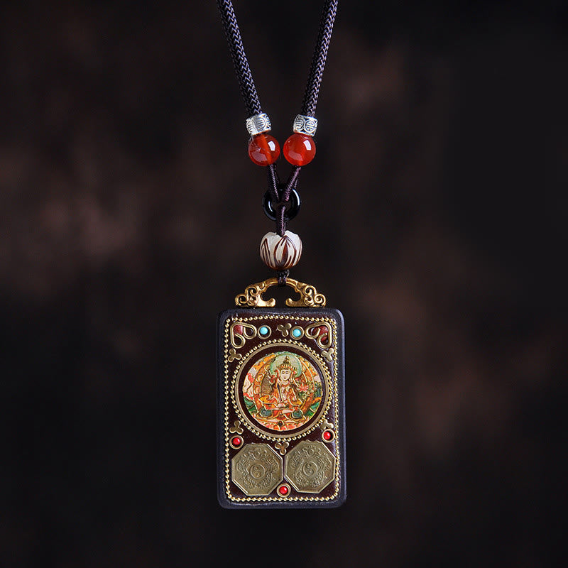 Nimara Ritual Thangka Yin Yang Copper Coins Ebony Wood Zakiram Balance Pendant Necklace