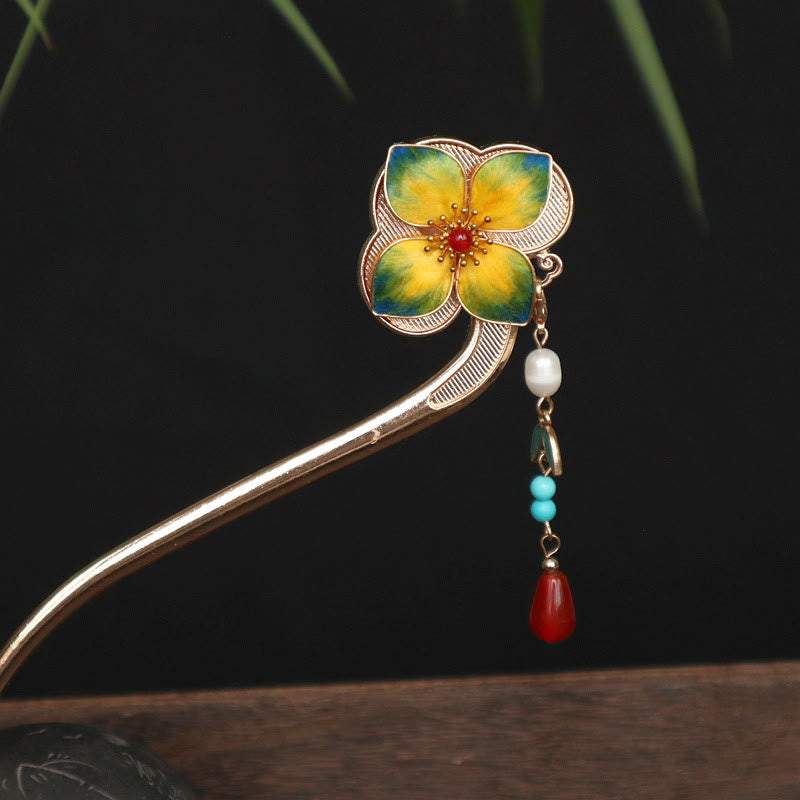 Nimara Ritual Red Agate Turquoise Bead Calm Confidence Velvet Flower Tassel Hairpin