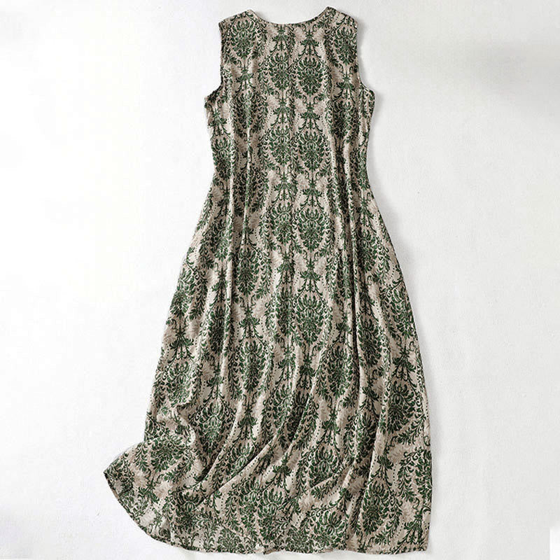Nimara Ritual Commute Summer Printing Simple Design Crew Neck Sleeveless Midi Dress With Pockets