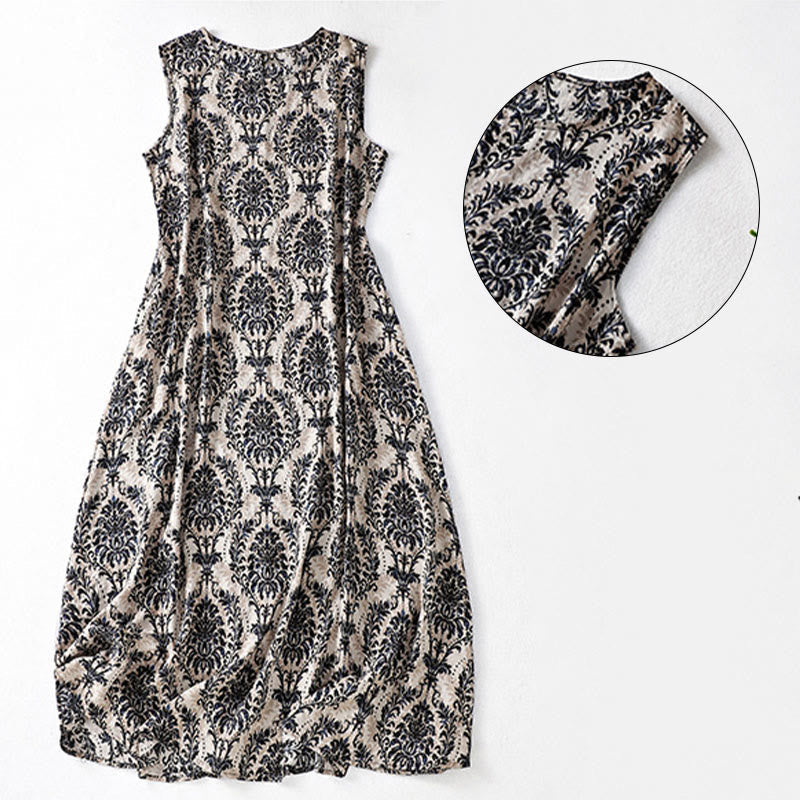 Nimara Ritual Commute Summer Printing Simple Design Crew Neck Sleeveless Midi Dress With Pockets