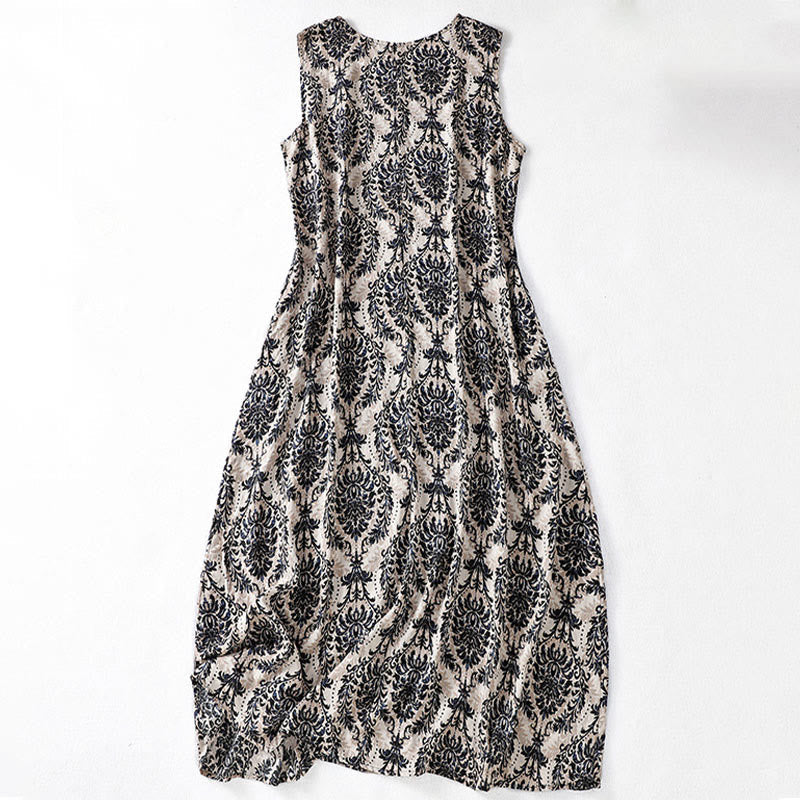 Nimara Ritual Commute Summer Printing Simple Design Crew Neck Sleeveless Midi Dress With Pockets