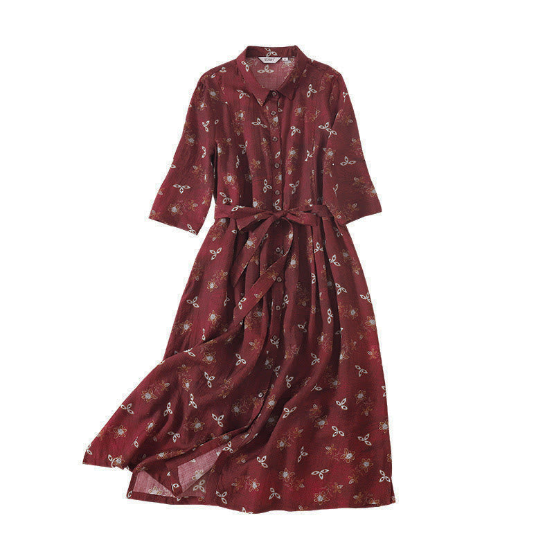 Nimara Ritual Summer Printing Floral Button Lace-Up Design Half Sleeve Midi Dress With Pockets