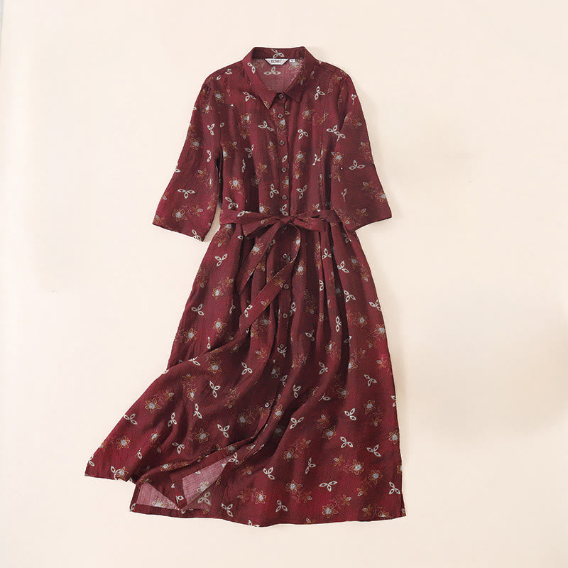 Nimara Ritual Summer Printing Floral Button Lace-Up Design Half Sleeve Midi Dress With Pockets