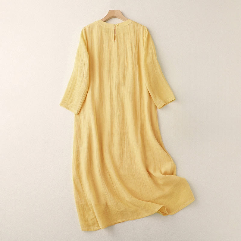 Nimara Ritual Commute Solid Color Embroidery Double Layer Crew Neck Long Sleeve Cotton Midi Dress