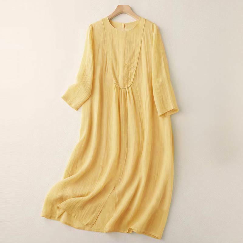 Nimara Ritual Commute Solid Color Embroidery Double Layer Crew Neck Long Sleeve Cotton Midi Dress