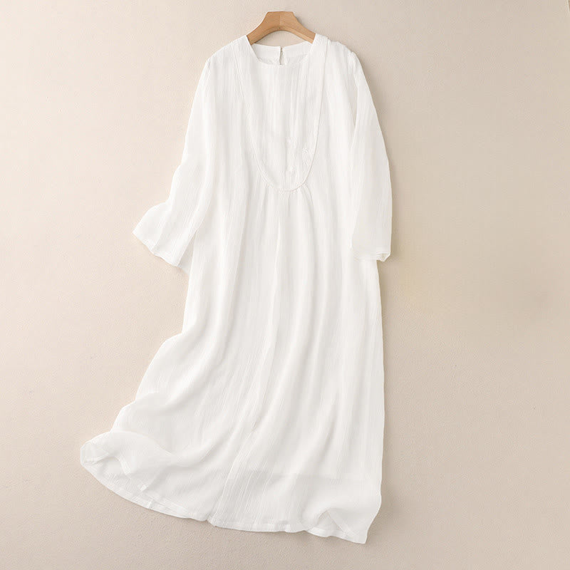 Nimara Ritual Commute Solid Color Embroidery Double Layer Crew Neck Long Sleeve Cotton Midi Dress
