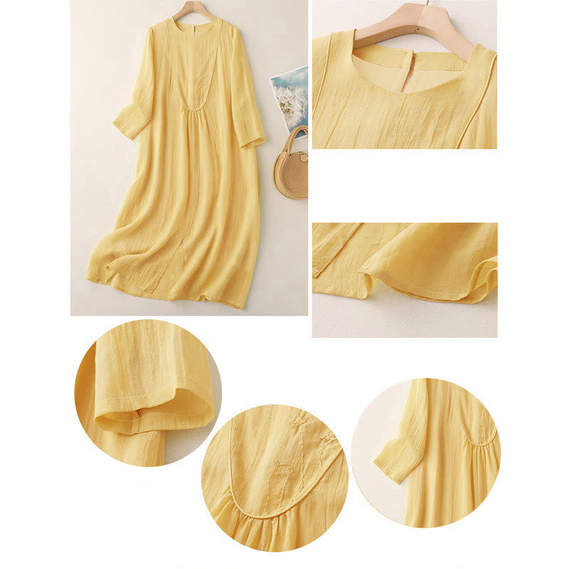 Nimara Ritual Commute Solid Color Embroidery Double Layer Crew Neck Long Sleeve Cotton Midi Dress
