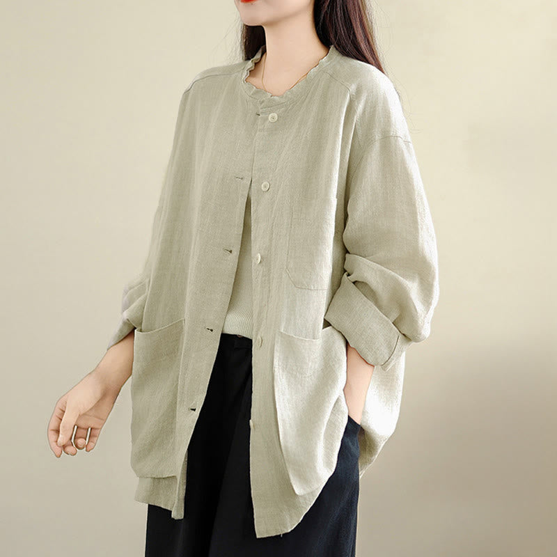 Nimara Ritual Spring Crew Neck Long Sleeve Plain Women's Cotton Buttons Shirt With Pockets