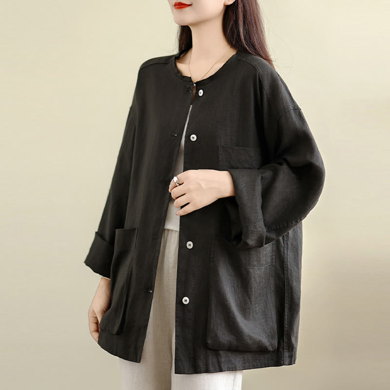 Nimara Ritual Spring Crew Neck Long Sleeve Plain Women's Cotton Buttons Shirt With Pockets