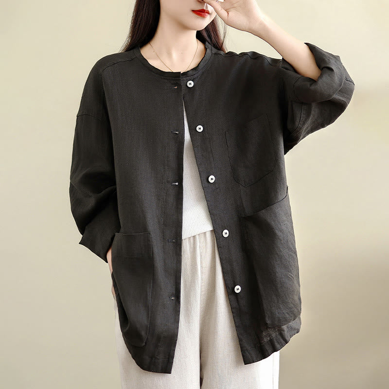 Nimara Ritual Spring Crew Neck Long Sleeve Plain Women's Cotton Buttons Shirt With Pockets
