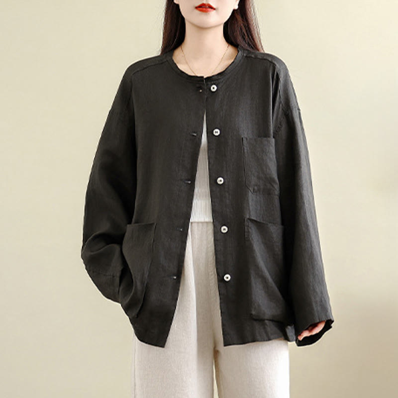 Nimara Ritual Spring Crew Neck Long Sleeve Plain Women's Cotton Buttons Shirt With Pockets