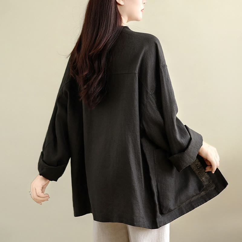 Nimara Ritual Spring Crew Neck Long Sleeve Plain Women's Cotton Buttons Shirt With Pockets