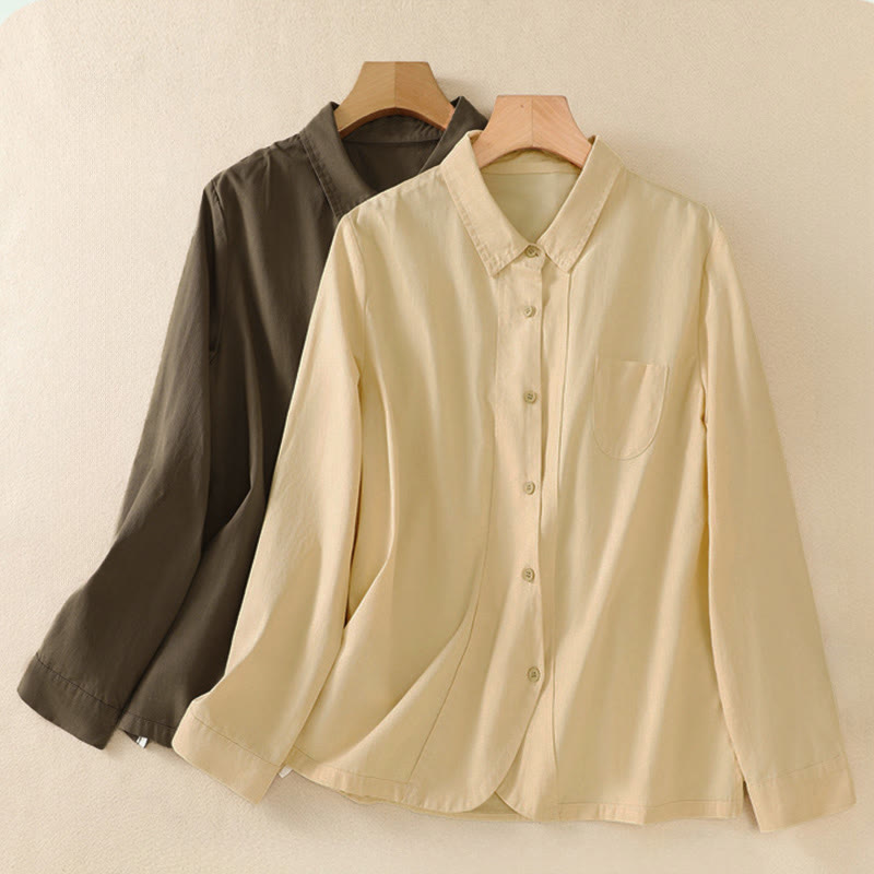 Nimara Ritual Spring Lapel Long Sleeve Plain Women's Cotton Buttons Shirt With Pockets