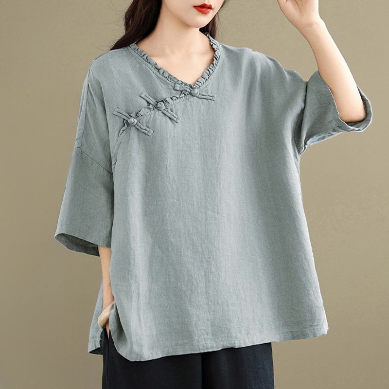 Nimara Ritual Spring V-Neck Frog-Button Long Sleeve Plain Women's Cotton Shirt