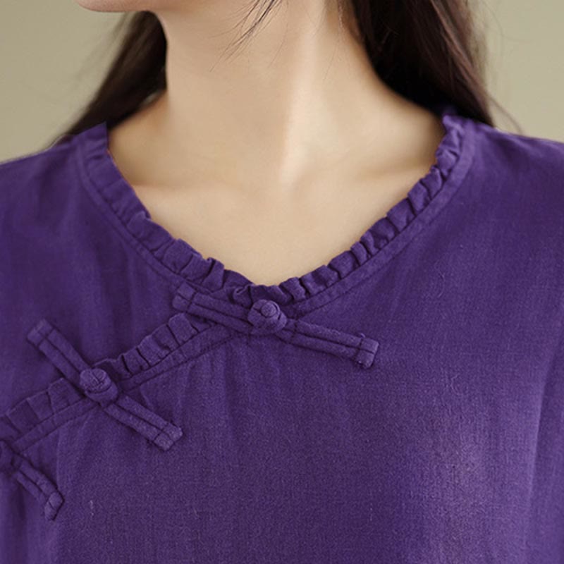 Nimara Ritual Spring V-Neck Frog-Button Long Sleeve Plain Women's Cotton Shirt