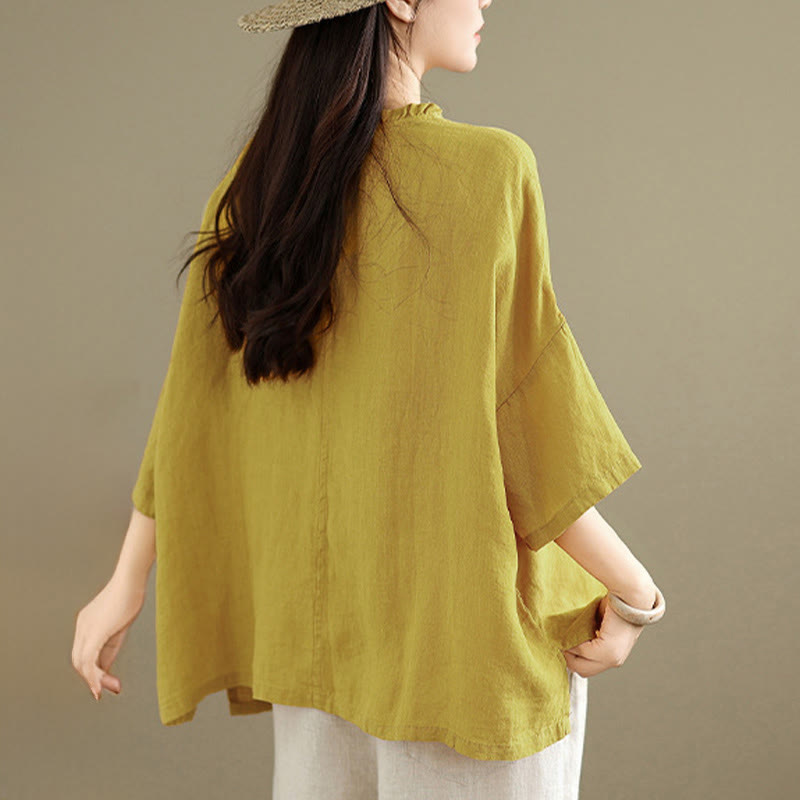 Nimara Ritual Spring V-Neck Frog-Button Long Sleeve Plain Women's Cotton Shirt